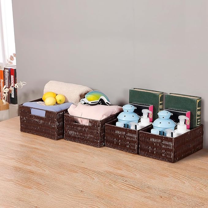 Elevon Plastic Wicker Basket Set of 4, Handmade Storage Basket for Organizing with Handles, Storage Bins for Home Kitchen Countertop, Shelf Organizer, Waterproof, Coffee
