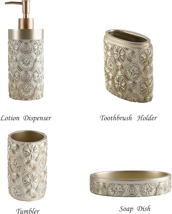 Hymmah Bathroom Accessories Set,Golden Design Toothbrush Holder,Farmhouse Bathroom Decor,4 Pcs Resin Gift Set Apartment Necessities, Contain Toothbrush Cup,Soap Dispenser,Soap Dish,Tumbler