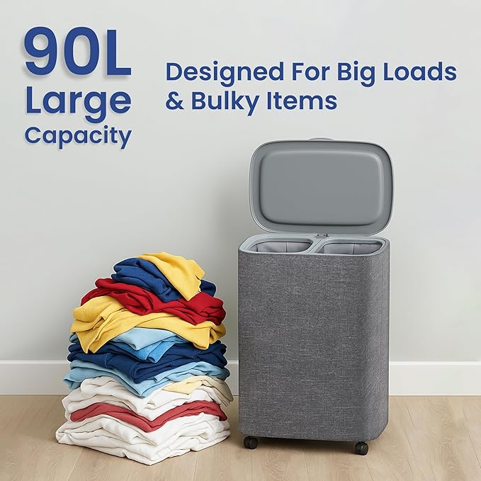 XABITAT Dual Section 90L Laundry Basket with Wheels and Lid – Tall divided Double Laundry Hamper with 2 Removable Washable Bags, Large Laundry Sorter for Easy Clothes Separation