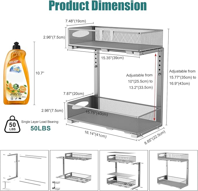 Housolution 2 Pack Under Sink Organizer, 2 Tier Metal Pull Out Under Sink Storage with Sliding Mesh Drawers, Height Adjustable Slide Out Under Sink Organizer for Kitchen Bathroom Cabinet, Gray