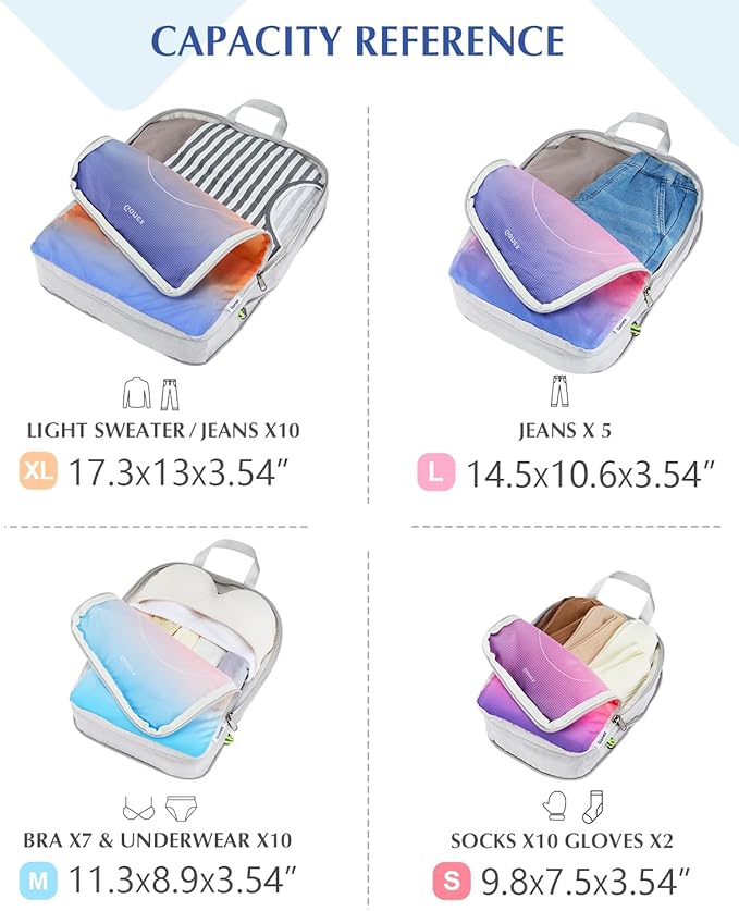 Gonex Compression Packing Cubes, 4pcs Expandable Storage Travel Luggage Bags Organizers, Travel Cubes for Suitcase Carry On (Gradient)