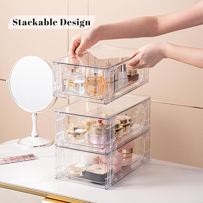 4 Pack Stackable Storage Drawers, Plastic Clear Organizer Bins with Handles for Undersink, Kitchen Cabinet, Fridge, Closet, Pantry, Office, Bathroom