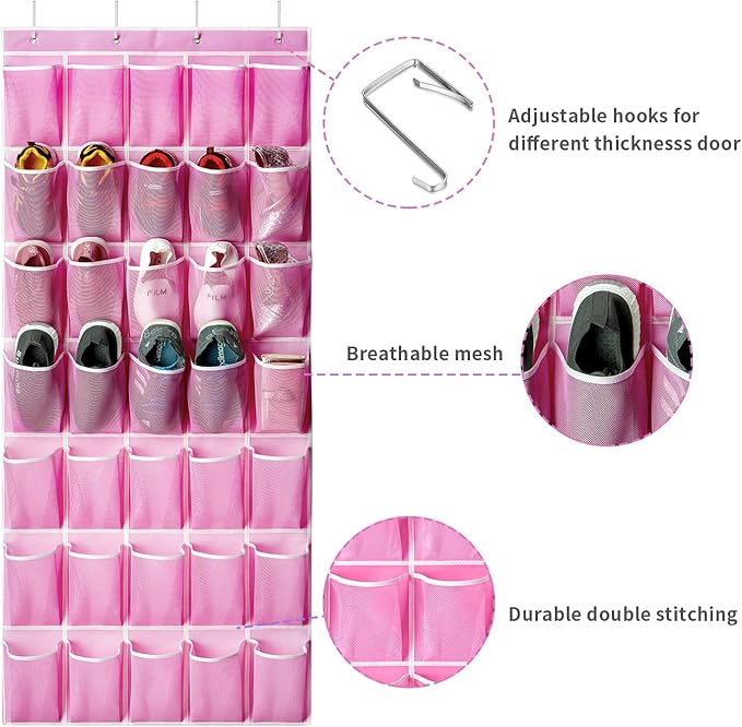 SAVERHO 35 Pockets Over the Door Shoe Organizer, Hanging Shoe Organizer for Door with 35 Mesh Pockets Large Capacity Shoe Hanging Storage Bag with 4 Metal Hooks (Pink-1Pack)