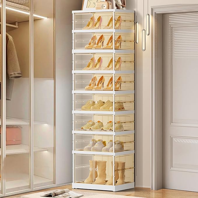 EHAMILY 8 Tiers 8-16 Pairs Foldable Shoe Boxes Large Plastic Shoe Storage Rack Collapsible Shoe Organizer for Closet Tall Shoe Shelf Clear Stackable Shoes Cabinet with Doors Entryway
