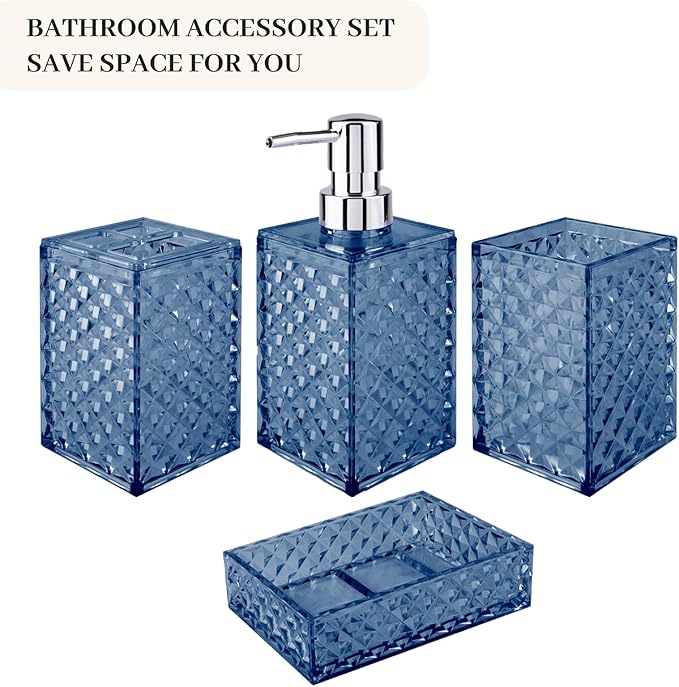 Bathroom Accessory Set, Grid Pattern 4 Pcs Plastic Bathroom Set Include Soap Dispenser, Soap Dish, Toothbrush Holder, Mousewash Cup, Modern Bahtroom Décor Set, Space Save for Bathroom(Dark Blue)