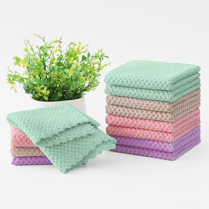 Homaxy 12 Pack Kitchen Dish Cloths, Ultra Soft and Absorbent Dish Towels, Reusable Fast Drying Microfiber Cleaning Cloth, Coral Velvet No-lint Cleaning Rags, 10 x 10 inches, Mix Color