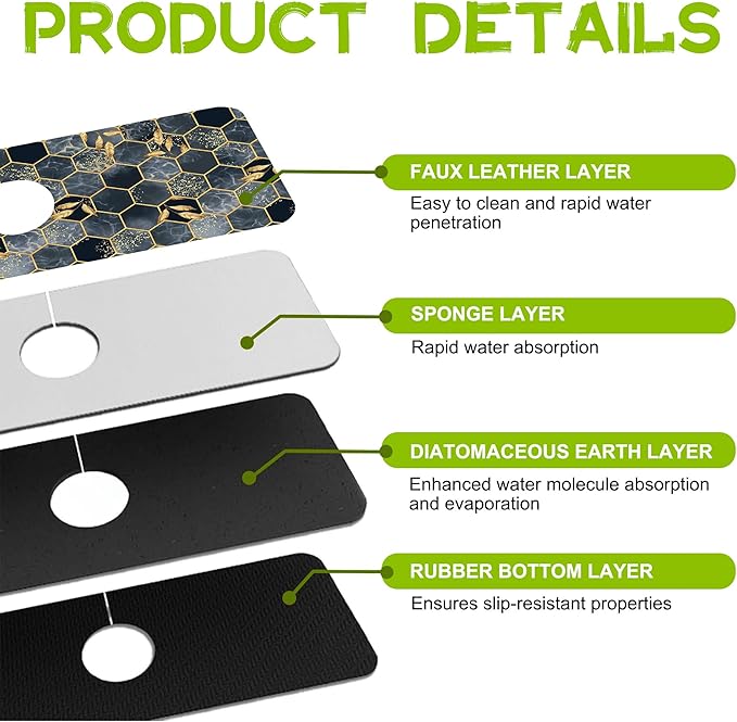 Kitchen Sink Splash Hexagon Marble and Golden Leaves Guard Faucet Mat Super Absorbent Fast Drying Mat Guard Behind Faucet Drip Catcher for Kitchen Bathroom, 15.5"X5.5"