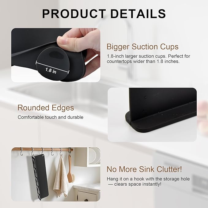 Silicone Sink Splash Guard, Sink Splash Guard with Suction Cup, Kitchen Sink Splash Guard that Can Be Placed Behind the Sink, Sink Splash Guard(17.3 x 4.1 Inch Black)