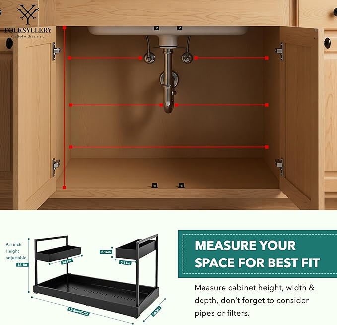 Expandable Under Sink Organizer, 2-Tier Height Adjustable Sliding Rack, Carbon Steel Frame with Ball-Bearing Slides, 12.8”–20.5” Width for Kitchen & Bathroom(Does Not Fit Cabinets with Middle Divider)