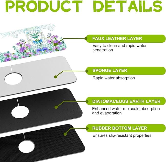 Kitchen Sink Splash Guard Faucet Mat Super Absorbent Fast Drying Mat Guard Behind Faucet Drip Catcher for Kitchen Bathroom (Watercolor Flowers Butterflies, 23.5"X5.5")