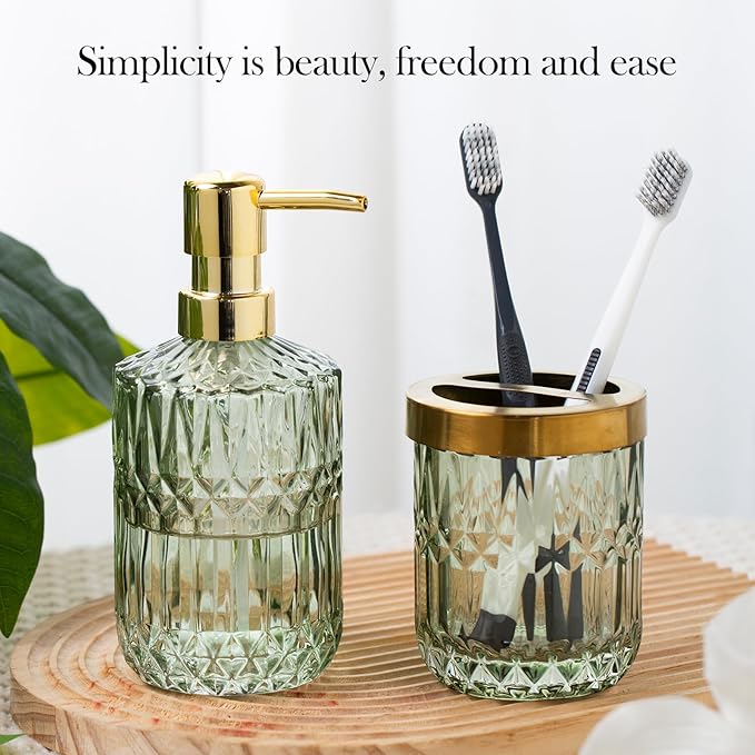 Glass Bathroom Accessories Set, 2PCS Clear Glass Bathroom Accessory, Toothbrush Holder and Soap Dispenser Set for Modern Bathroom Decor(Green)