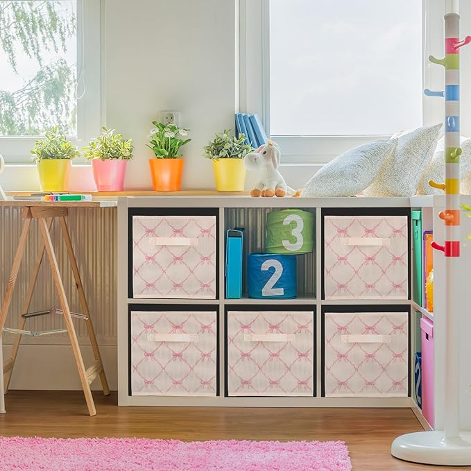 Geelin 6 Pcs Beige Bow Cube Storage Bins 11 Inch Storage Basket with Handle, Preppy Girls Organizer Basket, Collapsible Fabric Box for Classroom Bedrooms Office Home Decoration Gift