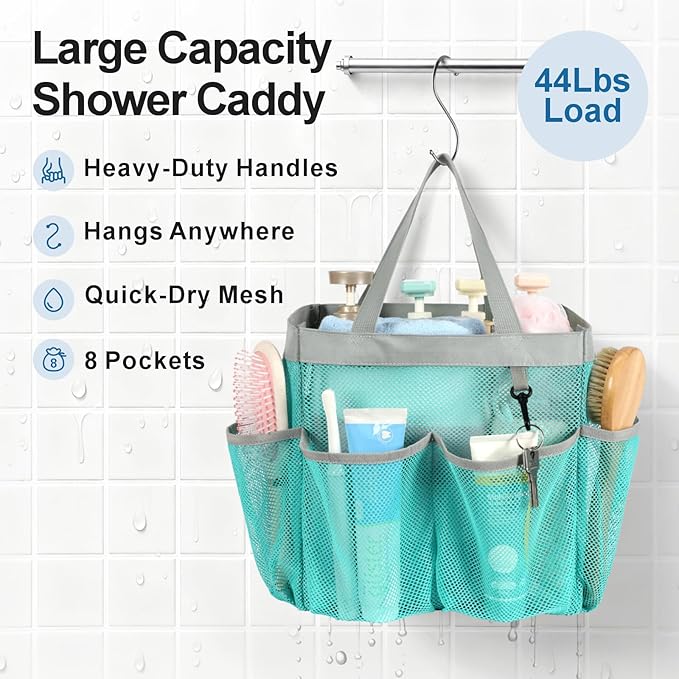 F-color Mesh Shower Caddy Portable with Dividers - Upgrade Deeper 7 Pockets Dorm Room Essentials with S Hook, Shower Bag Basket Tote for Guys Girls College Camping Toiletry Bathroom, Mint Green
