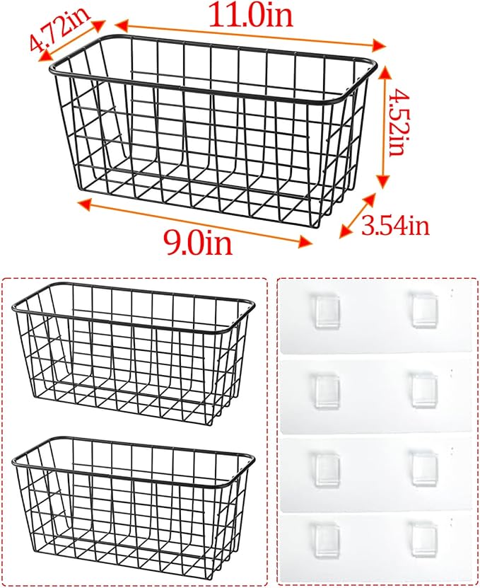 2 Set Adhesive Hanging Wall Basket Inside Cabinet Door Organizer,Wall Storage Basket-No Drilling Adhesive wall Basket for Cupboard Door,Space-Saving Small Hanging Baskets for Wall Mount Storage,Black