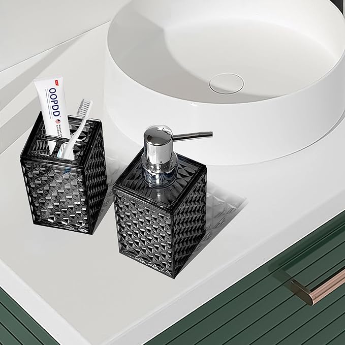2PCS Black Bathroom Accessories. Contain Soap Dispenser and Toothbrush Holder Set. Boho Bathroom Set for Blue Bathroom Décor
