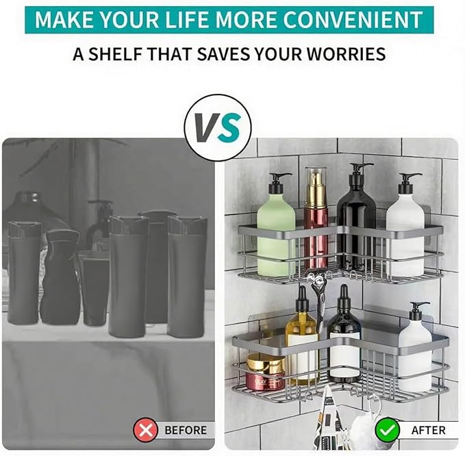 Yazoni Corner Shower Caddy, Adhesive Shower Shelves No Drilling [2-Pack], Rustproof Stainless Steel Bathroom Shower Organizer with 8 Hooks