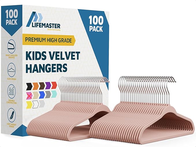 Pink Velvet Kids Hangers 100 Pack, 10.83" Non-Slip Baby & Toddler Hangers for Clothes, Space-Saving Slim ABS Plastic with 360° Swivel Hook & Notched Shoulders, Up to 10 lb Capacity