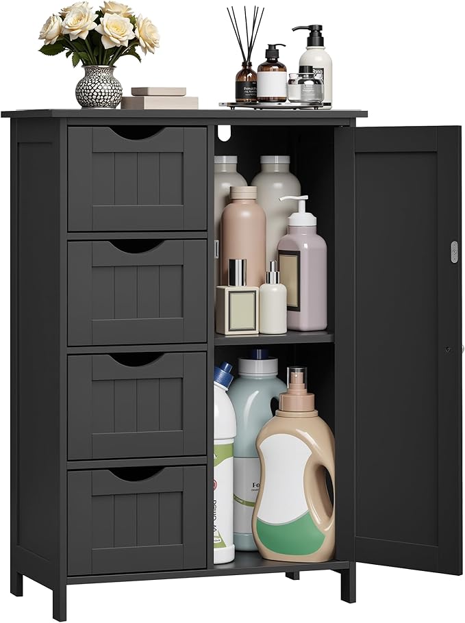 VASAGLE Storage Cabinet with Drawers, Freestanding Floor Cabinet with Door, 11.8 x 21.7 x 32.3 Inches, Adjustable Shelf, for Bathroom, Living Room, Kitchen, Ink Black ULHC041BH01S