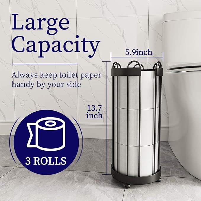 Epicano Toilet Paper Holder Stand, Freestanding Toilet Tissue Organizer, Minimalistic Storage Solution, Holds Mega Rolls-Modern Black