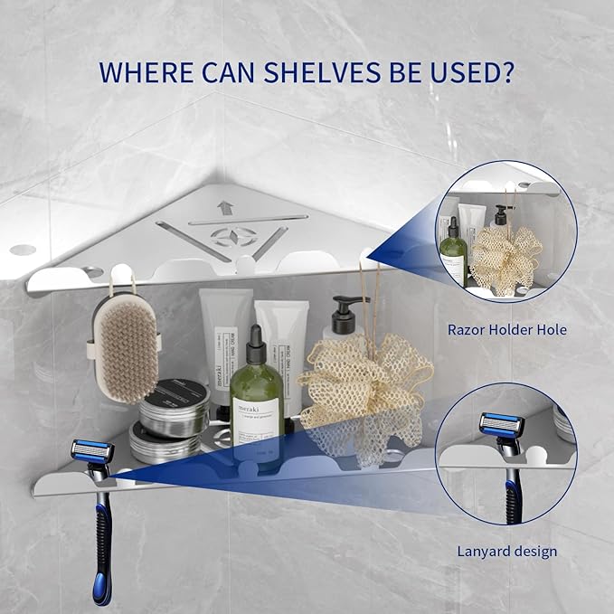 LLLFTJ 2 Pack Corner Shower Shelf, 10" 304 Stainless Steel Modern Corner Shower Shelf for Inside Shower, Heavy Duty Shower Caddy Organizer with Razor Hole, Drilling Installation (Brushed Nickel, 10")