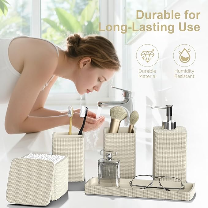 Beige Bathroom Accessories Set 5 Pieces, Resin Toothbrush Holders Set Complete with Soap Dispenser, Toothbrush Holder, Vanity Tray, Bathroom Tumbler and Qtip Holder for Small Spaces
