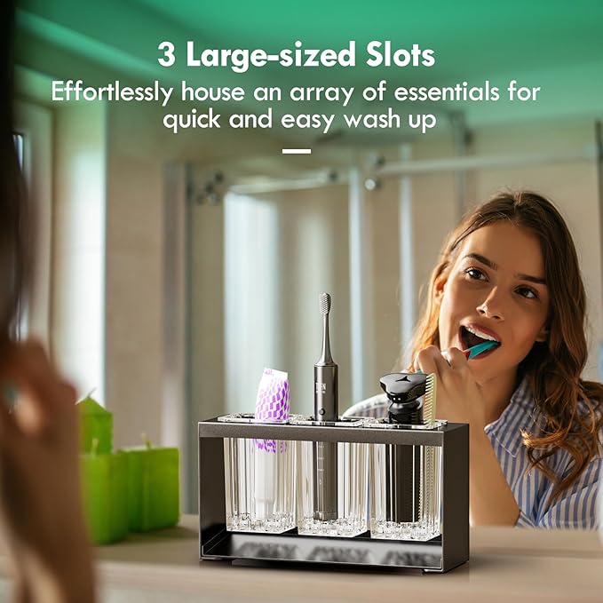 Toothbrush Holders for Bathrooms, Detachable Toothbrush Organizer with 3 Slots, Toothbrush and Toothpaste Holder Set for Countertop Accessories Storage, Tooth Brushing Holder, Black
