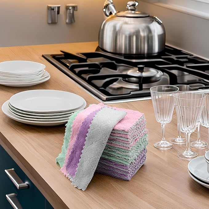 24PCS Kitchen Dishcloth, Microfiber Washcloth, Soft Cleaning Cloths, Coral Fleece/Lint Free/Absorbent/Quick Dry/Nonstick Oil Rags, Reusable Washable Tea Towel, 6''x10'' (Pink)