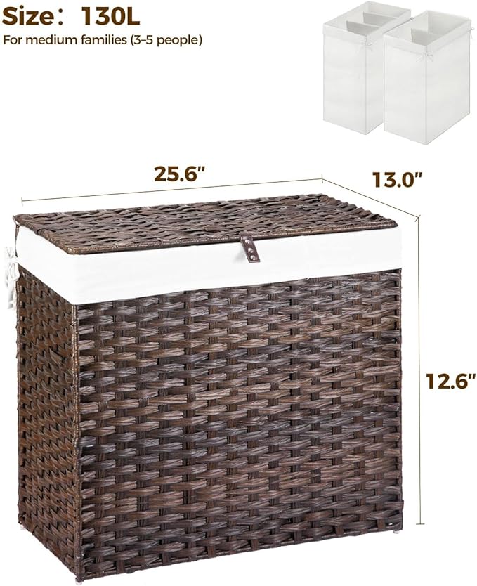 GREENSTELL Laundry Hamper with Wheels&Lid, 130L Large 3 Sections Clothes Hamper with 2 Types Removable Liner Bags, 5 Mesh Laundry Bags, Handwoven Divided Laundry Basket Brown