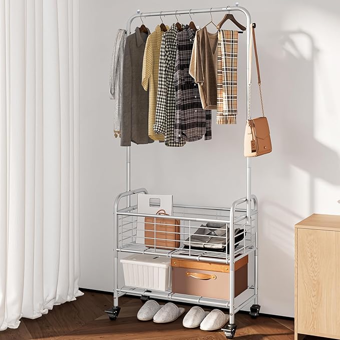 SUOERNUO Laundry Cart with Hanging Rack Rolling Laundry Hamper Sorter with Wheels Shelf,Grey