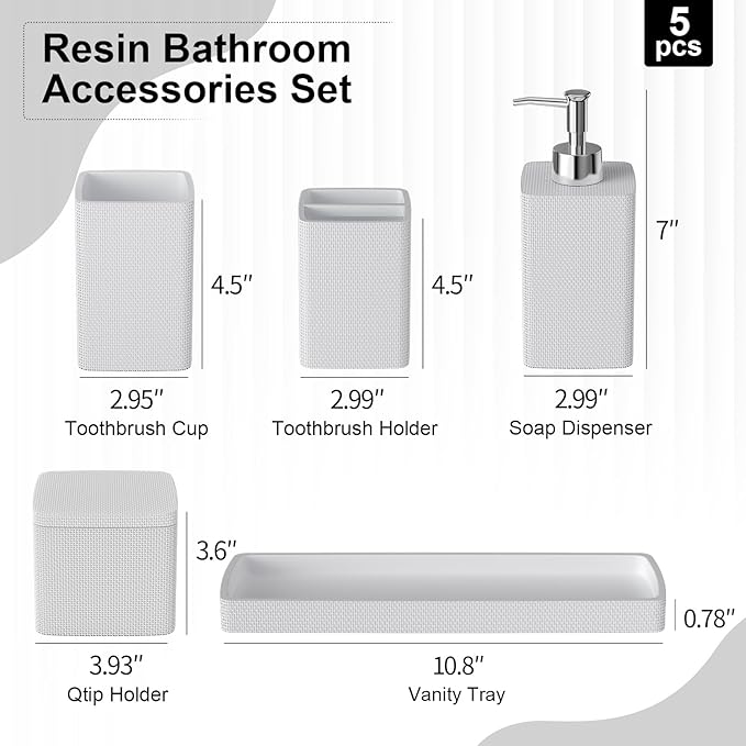 White Bathroom Accessories Set 5 Pieces, Resin Toothbrush Holders Set Complete with Soap Dispenser, Toothbrush Holder, Vanity Tray, Bathroom Tumbler and Qtip Holder for Small Spaces