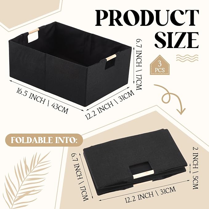 3 Pack Fabric Storage Bins for Closet Shelves, Rectangle Wardrobe Organizer with Handle, Collapsible Shelves Storage Basket for Sorting Clothes and Toy (Black,16.5 x 12.2 x 6.7 Inch)