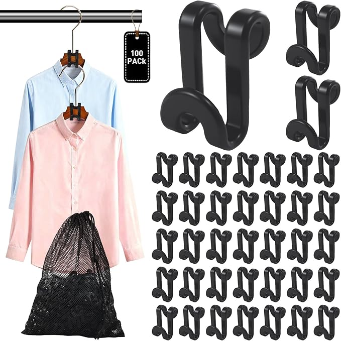 100 PCS Clothes Hanger Connector S Shaped Hooks,Plastic Reusable Space Saving Heavy Duty Hanger Extender Clips for Closet Organizer,Includes 1 Mesh Storage Bag(Black)