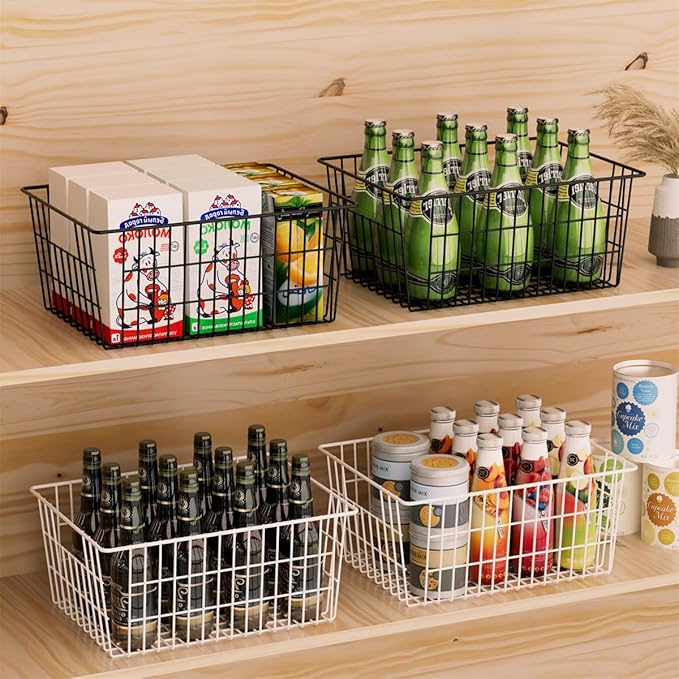 SANNO Large Freezer Baskets Metal Storage Organizer Bin Basket Wire Storage Basket for Kitchen Pantry Bathroom Large Metal Farmhouse Food Fruit Produce Organizer Bins,black,3