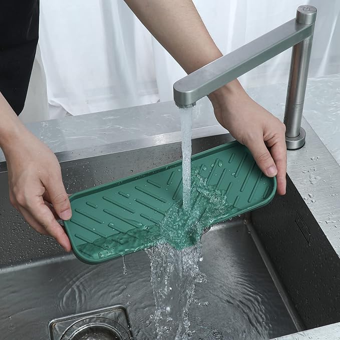 MicoYang Silicone Bathroom Soap Dishes with Drain Spout-Bathroom and Kitchen Sink Organizer,Sponge Holder,Dish Soap Tray,Perfect for Dispenser,Scrubber,Bottle,Cup on Sink or Counter-Green 12"×4"