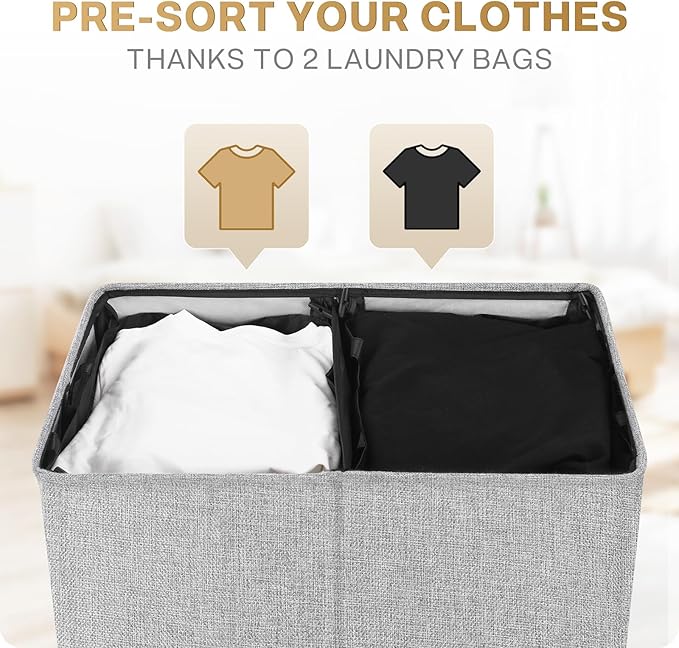 SOLEDI Double Laundry Hamper with Lid and Removable bag, Large Laundry Basket 2 Section with handles, Collapsible Dirty Clothes Hampers for Laundry, Bedroom, Dorm, College