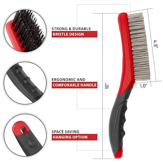 Wire Brush Set-Heavy Duty Stainless & Carbon Steel Bristles with Plastic Handle Grip for Rust, Wielding Slag, Dirt & Paint Scrubbing with Deep Cleaning – 10 Inches, Large (Pack of 2-Red)