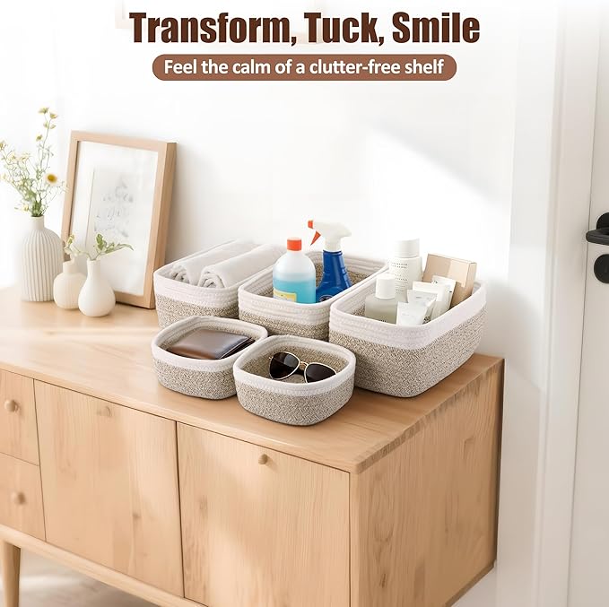 5-Pack Small Woven Rope Storage Baskets – 2 Sizes Organizer Bins for Closet, Shelf, Bookshelf, Nursery, Changing Table, Fabric Cube Boxes, Rectangular Shallow Bins for Bathroom, Toy & Home