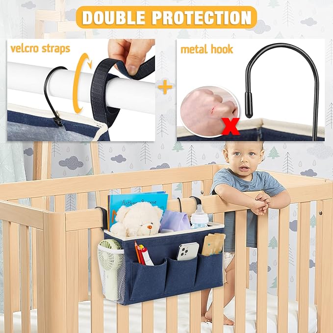 Lilithye Bedside Caddy Bedside Organizer Bedside Storage Caddy with Fixed Straps and Water Bottle Holder for Home College Dorm Bunk Bed Hospital Bed Crib Bed Rails (Navy Blue)
