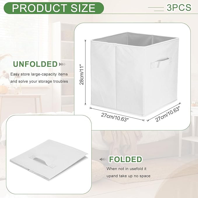 uxcell 3Pcs Fabric Storage Bins, 11 Inch Cube Storage Bin Foldable Storage Cube Organizer Bins with Handles for Shelf Closet, Nursery Home, Bedroom(White)