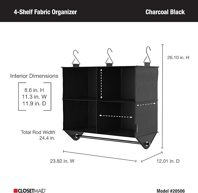 ClosetMaid 4-Shelf Fabric Hanging Closet Organizer with Garment Rod for Shirts, Sweaters, Pants, Hats, Shoes, Purses with Charcoal Black Finish