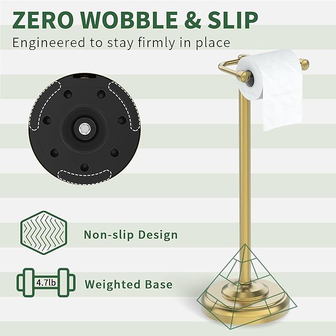Toilet Paper Holder Stand,Free Standing Toilet Paper Holder,Modern Post Pivoting Toilet Paper Stand with Stable Weighted Base,SUS304 Stainless Steel Tissue Roll Holder Stand for Bathroom,Brushed Gold