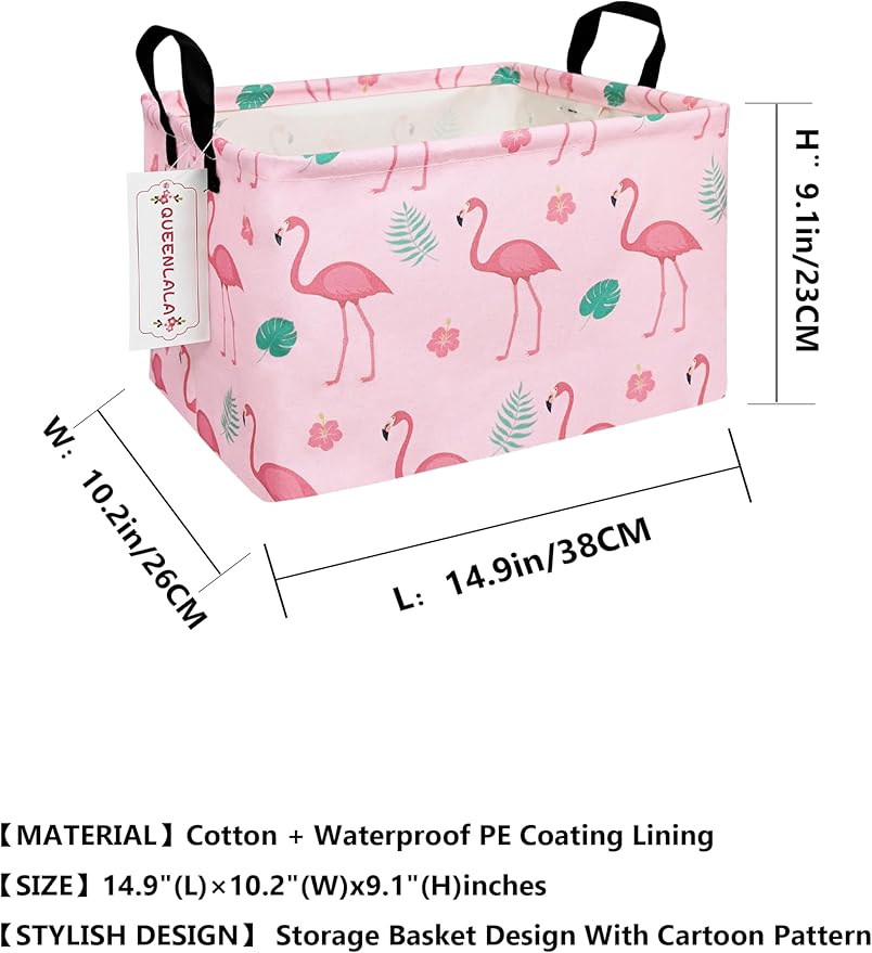 QUEENLALA Rectangular Laundry Hamper/Foldable Nursery Laundry Basket for Organizing/Storage Bin Baskets/Children Toy Office Bedroom/Toy Bin Closet Shelf Baskets（Rec-Pink Flamingo）