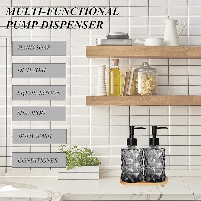 2PCS Black Glass Diamond Soap Dispenser Set, 12 oz, 2 Pack, Reusable, Refillable, Eco-friendly, Clear, Tray & Plastic Pump, Kitchen, Bathroom