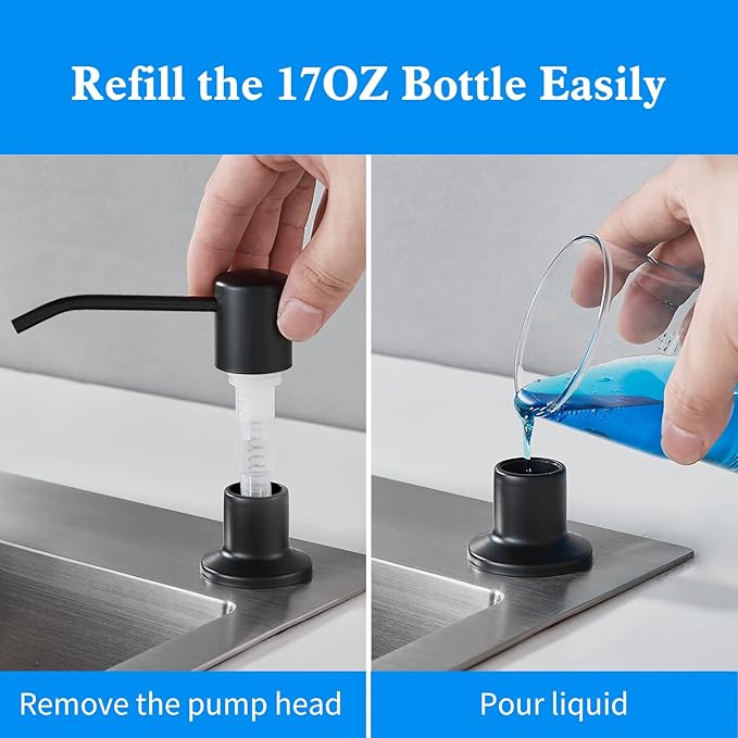 Built in Soap Dispenser for Kitchen Sink, Matte Black Stainless Steel Countertop Pump Head, Dish Soap Hand Lotion Dispenser with Refillable 17OZ Bottle