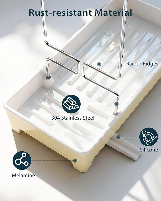 Minimalist Sink Caddy, Rustproof Sponge Holder for Kitchen Sink with 304 Stainless-Steel Brush Holder, Countertop Rack Organizer with Raised Ridges & Silicone Drain Tube (Pastel Yellow)