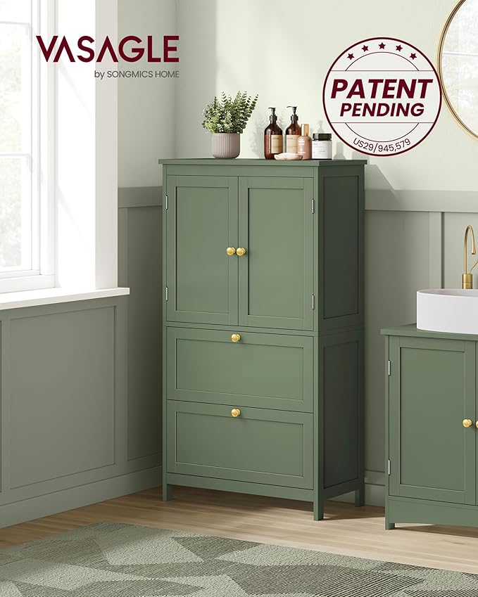 VASAGLE Bathroom Floor Storage Cabinet, Bathroom Storage Unit, Freestanding Cabinet with 2 Drawers and 2 Doors, Adjustable Shelf, 11.8 x 23.6 x 43.3 Inches, Forest Green UBBC551C01