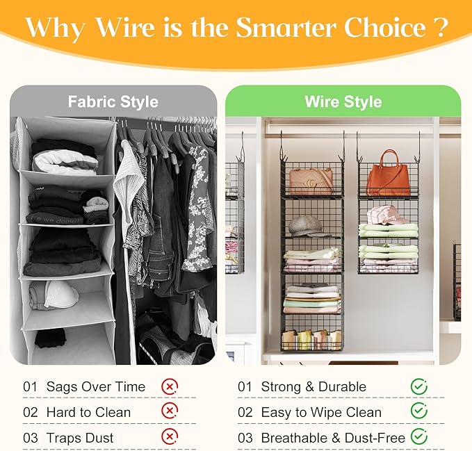 5 Tier Closet Hanging Organizer and Storage Separable Hanging Closet Shelves with 4 Hooks 2 Adjustable Dividers, Wire Storage Basket Bins for Clothing Sweaters Socks Dolls Handbags, Foldable