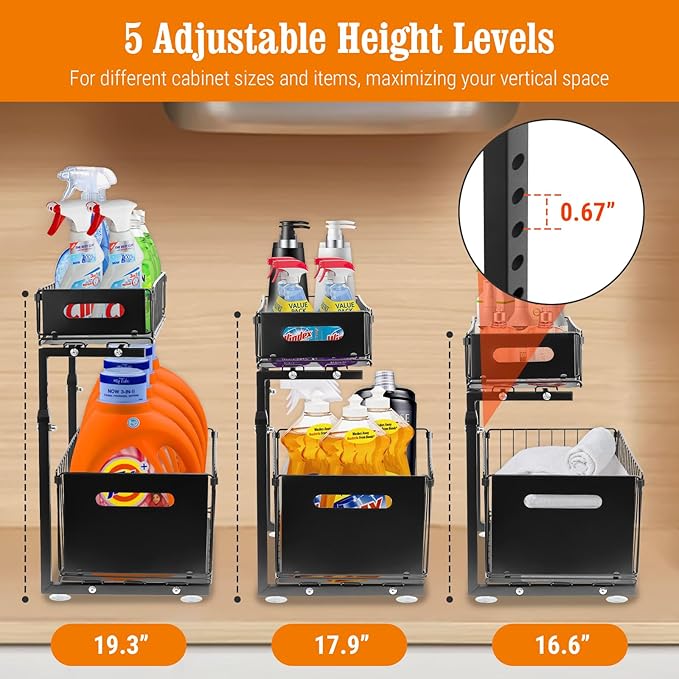 Under Sink Organizers and Storage, 2-Tier Pull Out Cabinet Organizer, Slide Sink Steel Shelf Cabinet Storage Shelves, 5 Height Adjustable Under Sink Storage for Kitchen Bathroom Cabinet, Black (1Pack)