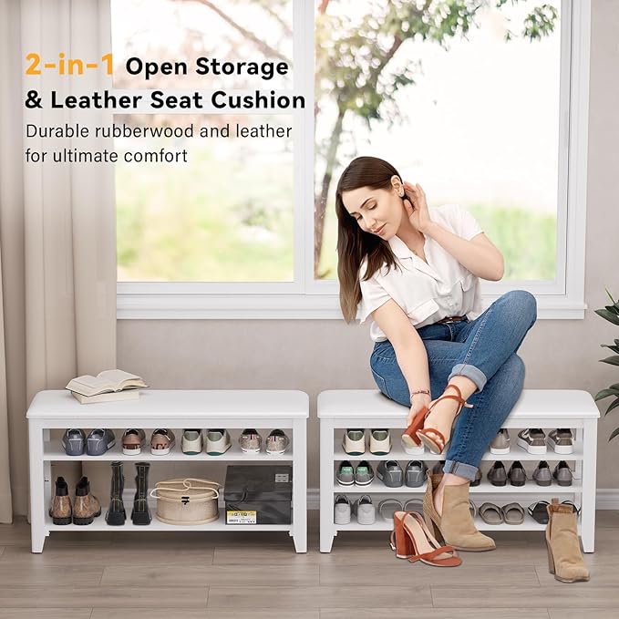 Taitiy Shoe Bench Storage Rubberwood with Leather Cushion for Entryway Bench Ideal for Hallways Shoe Rack Front Doors Entrances Mudrooms Featuring 3 Height-Adjustable and Removable Shelves