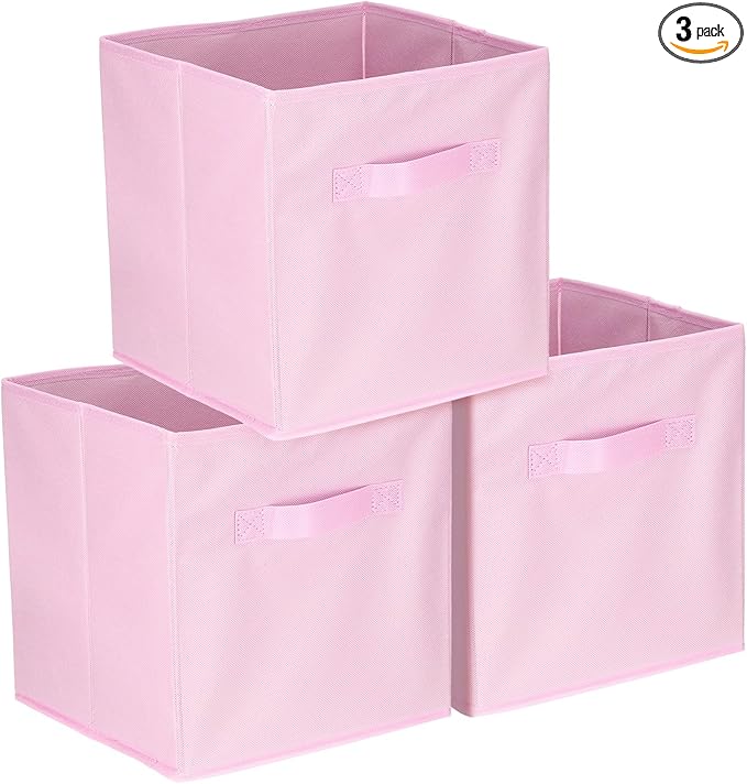 uxcell 3Pcs Fabric Storage Bins, 11 Inch Cube Storage Bin Foldable Storage Cube Organizer Bins with Handles for Shelf Closet, Nursery Home, Bedroom(Pink)